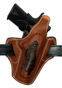 Right Hand Bison Leather Tooled Thumb Break Belt Holster ANY NONRAIL 5" 1911 - Picture 1 of 7