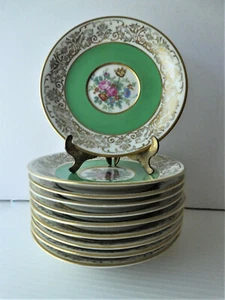 VTG CZECHO SLOVAKIA Set of 10 Green/Gold Filligree Plates BLACK NIGHT c.1920-45s - Picture 1 of 12