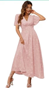 Simplee Woman’s Boho Floral Maxi Dress Flowy Casual V Neck Short Sleeve - Picture 1 of 6