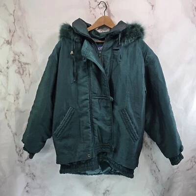 Abrigo vintage para mujer 2X verde oscuro ribete de piel de zorro ártico años 90 Y2K chaqueta aislada  Foto 1 de 4