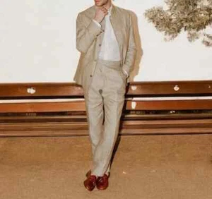 Men’s Elegant Linen Suit – Beige Wedding 2-Piece with Button Closure Style - Picture 1 of 5