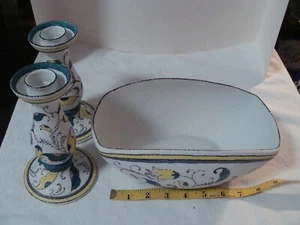 Ucagco Japan Vtg Bowl Candlesticks Coraline Yellow White Green Floral Design - Picture 1 of 6