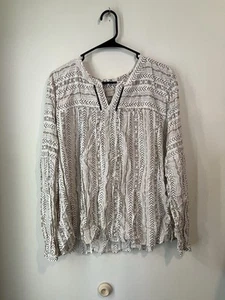 LOFT Geometric Striped Split Neck Blouse XL Aztec Southwestern Print Long Sleeve - Picture 1 of 4