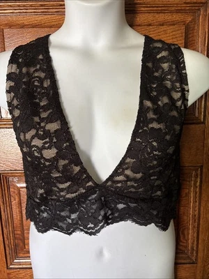LOVE 21 Black Lace Overlay Tan Lined Sexy V-Neck Cropped Camisole TOP Women's 2X - Image 1 of 4