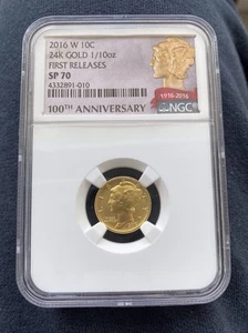 2016-W MERCURY 10c 24K GOLD 1/10 OZ FIRST RELEASE 100th ANNIVERSARY NGC SP 70 - Picture 1 of 2