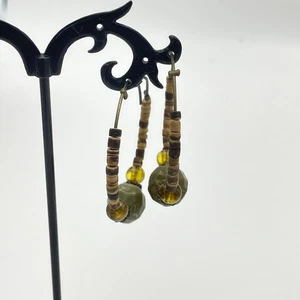 Boho Beaded Hoop Earrings Earth Tone Wood Lucite Beads Lightweight Rustic Style - Picture 1 of 8