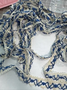 1940s Depression Era Hand Crochet Ivory/Cream & Blue 1” W By The Yard Rayon - Picture 1 of 8