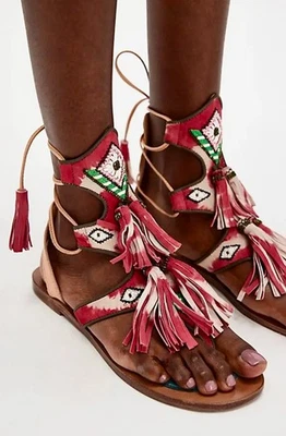 Free People Meher Kakalia Clio Tassel Sandals Red White Gladiator 40/ 9-9.5 NEW - Image 1 of 4
