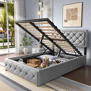 Ottoman Lift Up 4ft6 Storage Double Bed Frame with Headboard and Slat PU Leather - Picture 1 of 15