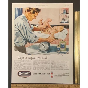 Vintage Print Ad Rexall Drugs Dad Weighs Infant on a Baby Scale 1940s Ephemera - Picture 1 of 1