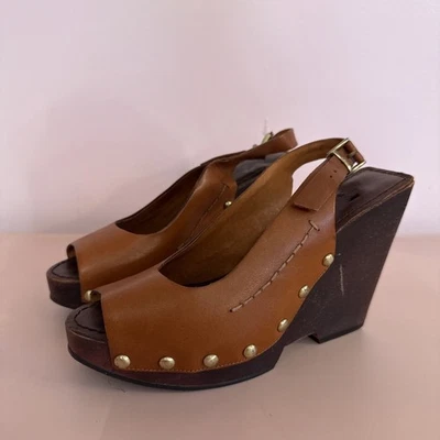 Винтажные женские кожаные клинья 7 For All Mankind деревянный блок коричневый коньяк 6 М - Изображение 1 из 4