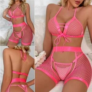 Women Sexy Lingerie Set with Leg Garter Mesh Bra and Panty Sets Lace Teddy Gifts - Picture 1 of 23