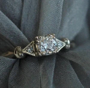 Vintage Style European Cut Simulated Diamond Art Deco Ring 14k White Gold Plated - Picture 1 of 9