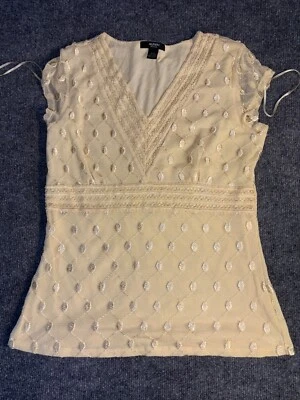 Alfani Blouse Top Womens Petite Small Tan Lace Embroidered Nylon Lined V Neck - Image 1 of 4