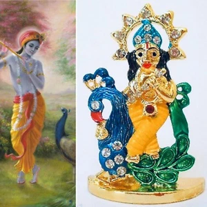 Lord Krishna Gold Rhinestone Statue Murti Peacock Flute Altar Idol NEW Multi - Picture 1 of 5