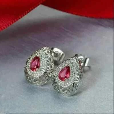 Lab Created Pink Sapphire 2Ct Pear Cut Halo Stud Earrings 14K White Gold Plated - Image 1 of 4