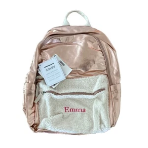 New! Pottery Barn Kids LARGE girls BACKPACK monogram EMMA metallic gold Sherpa - Picture 1 of 5