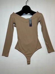 Lulus Bodysuit Beige Ribbed Knit Long Sleeve Open Cross Back Sz M Off Shoulder - Picture 1 of 7