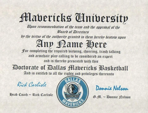 Dallas Mavericks ~ CERTIFICATE ~ DIPLOMA ~  MAN CAVE ~ Mavericks  FAN~ NBA Cover
