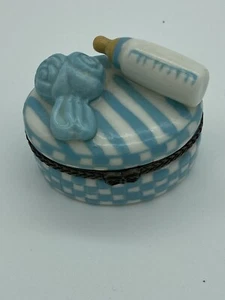 Baby Boy Gifts Hinged Ceramic Trinket Box Baptism Shower Pacifier Checked Blue - Picture 1 of 6