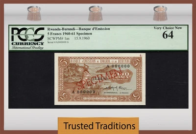 TT PK 1as 1960-61 RWANDA-BURUNDI 5 FRANCS "SPECIMEN" "IMPALA" PCGS 64 POP ONE!  - Image 1 of 2