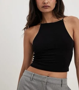 NEW ASOS Design Race Neck 90’s Square Neck Halter Crop Black Top Women’s Size 10 - Picture 1 of 8