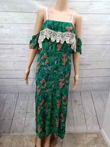 Nobo Green Floral Maxi Dress Juniors Tropical Flutter Sleeve Colorful XL - Picture 1 of 11