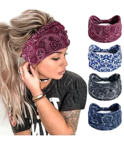 Womens  Paisley Blue Grey Bandana Wide Knotted Headband Hair Tie Turbon 1091 - Picture 1 of 9