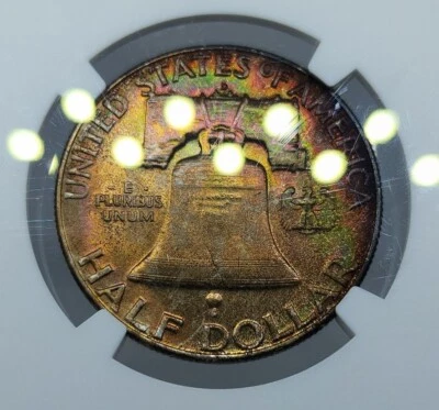 1957 D 50C Franklin Silver Half Dollar NGC MS66FBL Rainbow Toned Monster Coin - Image 1 of 4