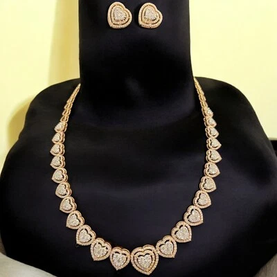 Stunning 8.20 Cts Round Brilliant Diamonds Heart Necklace Earrings Set 14K Gold - Image 1 of 4