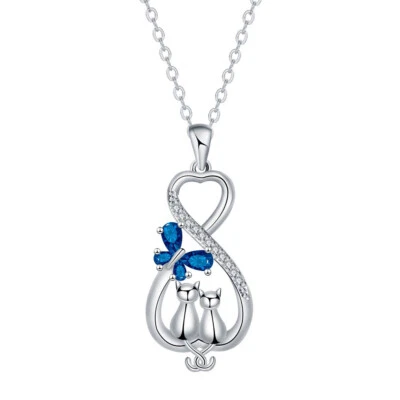 European Cat Animal Heart CZ Necklace Pendant For Women Jewelry Silver Plated - Image 1 of 4