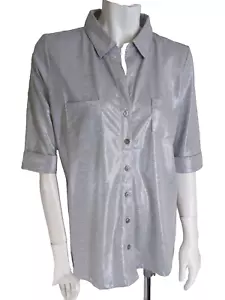$69 NWT FOXCRAFT L Shirt Silver Foil Print Knit Button-Front Elbow Sleeve - Picture 1 of 9