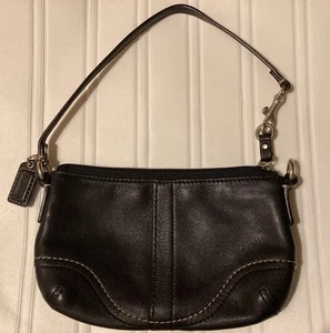 Coach Black Leather Wristlet Purse with Strap | Silver Tone Hardware 7”x5” - Picture 1 of 10
