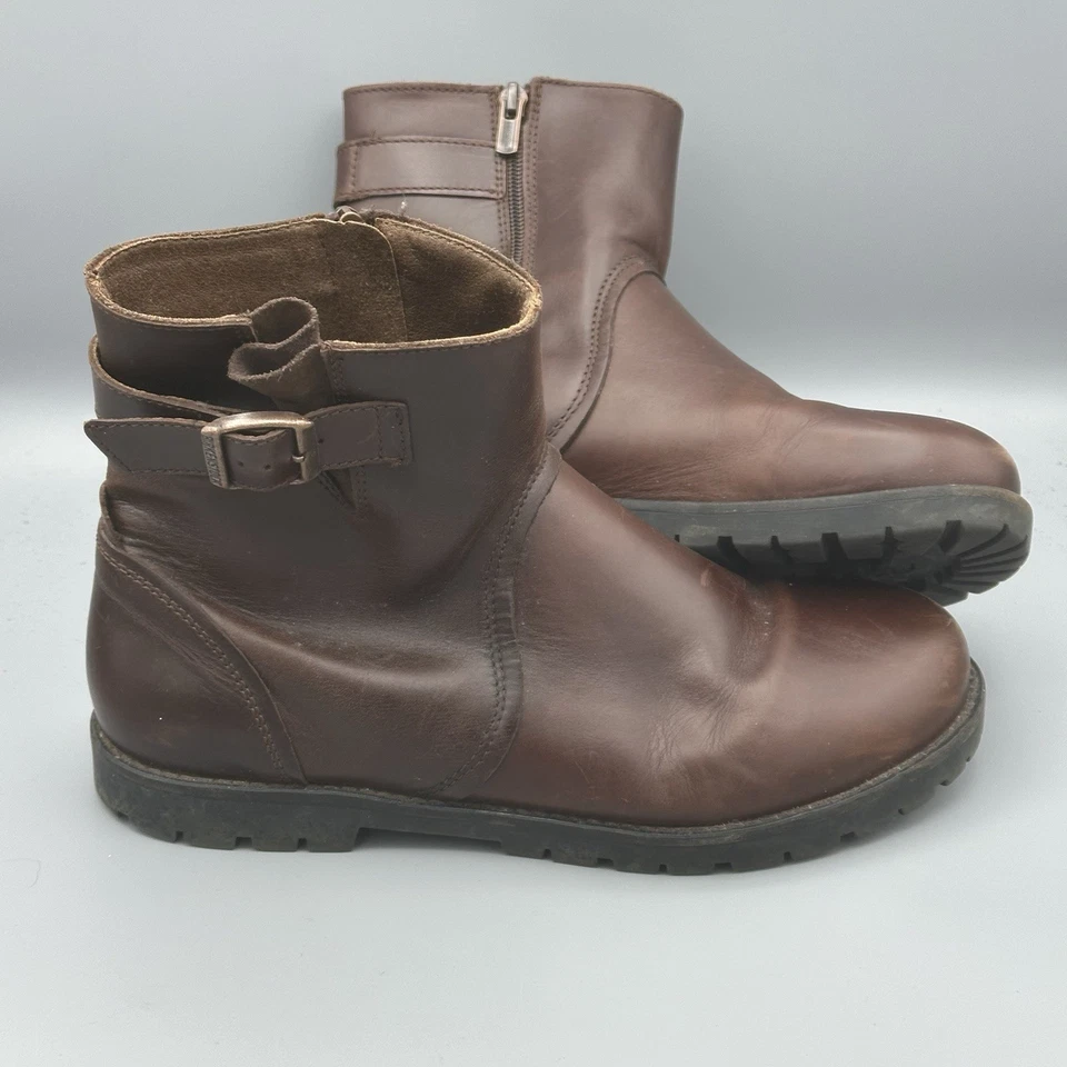 BIRKENSTOCK Mujer 10 Marrón Cuero Tobillo Moto Botas 41 L Cremallera Hebilla Suela Foto 1 de 4