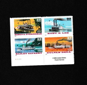 Unused US Postage 4 Block 32c Stamps Various Steam Ships Boats 1800's - Picture 1 of 1