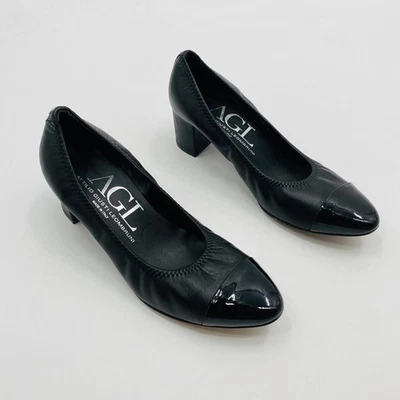 AGL Negro Cuero Puntera Redonda Scrunch Block Tacones Foto 1 de 4