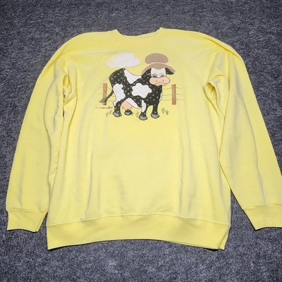 Sudadera Hanes Vintage Amarilla Moo Vaca Granja Abuela Sombrero Abuela Chic XL 1986 Foto 1 de 4