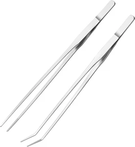 Aquarium Tweezers 2PCS Feeding Tongs Straight and Curved Set Silver - Picture 1 of 6