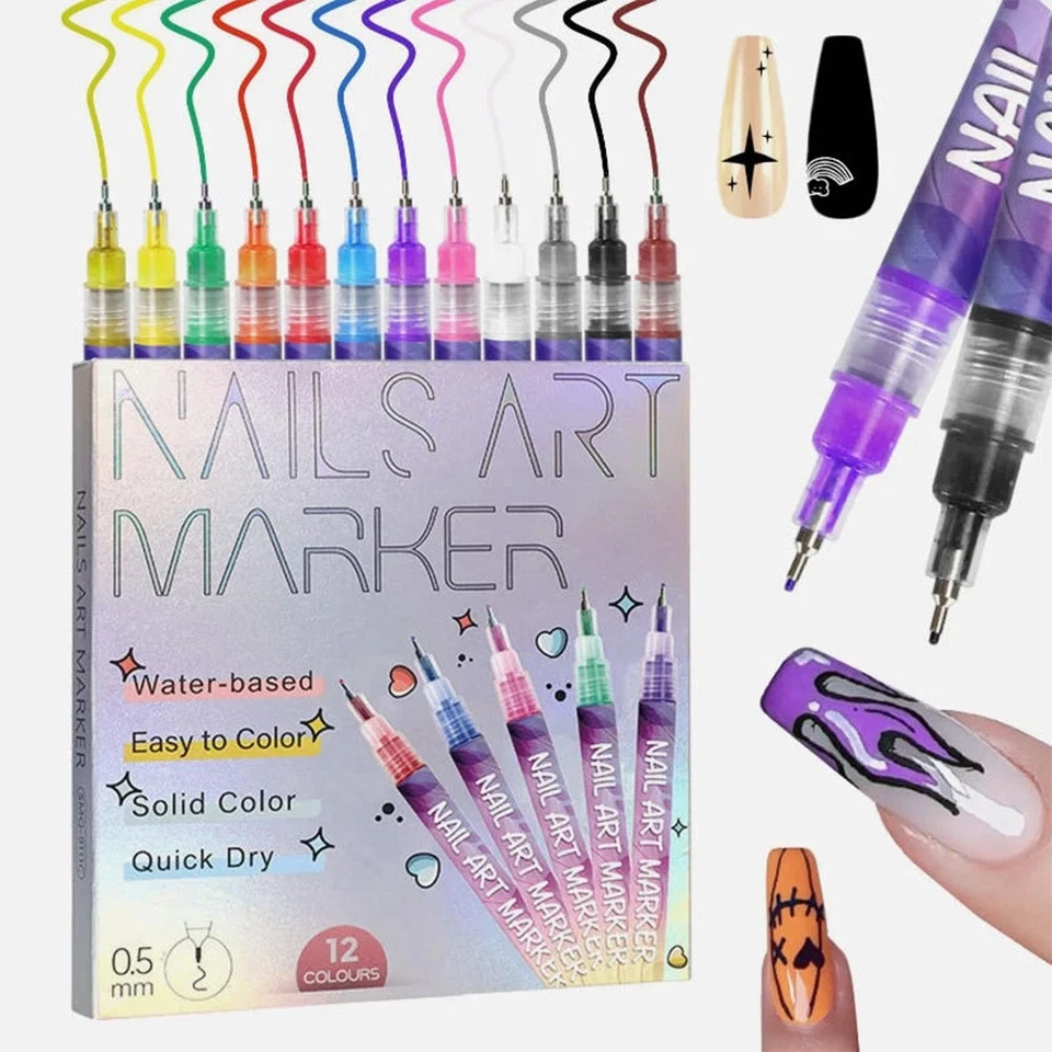 12Pcs Nail Art Pen Marker Set - 0.5mm Fine Tip for Precise Graffiti Drawing UK - Image 1 of 4