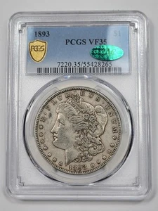 1893 P Morgan Silver Dollar $1 PCGS VF35 CAC Green Bean KEY DATE Wow *J972 - Picture 1 of 5