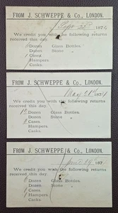 Lote de 3 postales de crédito botellas devueltas de Londres 1874 J. Schweppe & Co - Imagen 1 de 2