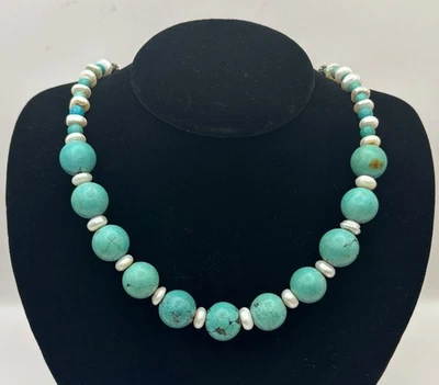 Turquoise Beaded Necklace Freshwater Pearl Artisan Handmade Round Beads - Image 1 of 4