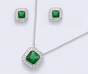 Dolly-Bijoux Parure 2PC Rhodié Carré Sertie Emeraude Cz Argent Massif 925 - Picture 1 of 1