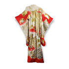 Furisode Kimono Gold And Silver Thread Peacock Design Silk Red Marriage Robe 190Cm
