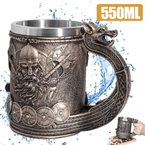 Wikinger Krug mit Edelstahleinsatz Drakkar Schiff - Fantasy Trinkbecher Bierkrug - Bild 1 von 16