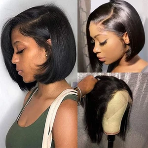 Black Wigs for Women Lace Front Wigs Human Hair Pre Plucked 8Inch Short Straight - Picture 1 of 7