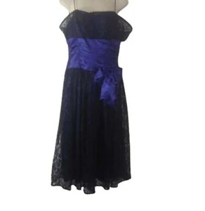 VTG 70's Gunne Sax Jessica Mclintock Black Lace Blue Satin Midi Dress Size JR 9 - Picture 1 of 8