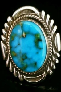 Native American Navajo Kingman Turquoise & Sterling Silver Size 7 Signed Ring - Picture 1 of 12