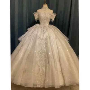 Luxury Champange Wedding Dresses Ball Gown Off Shoulder Sweep Train Bridal Gowns - Picture 1 of 11
