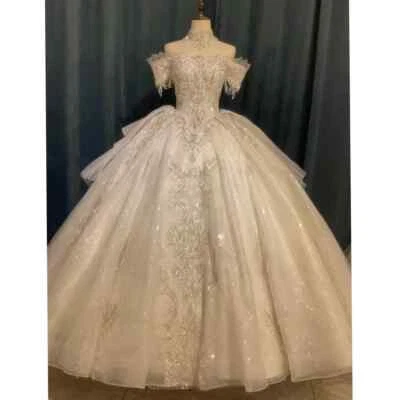 Luxury Champange Wedding Dresses Ball Gown Off Shoulder Sweep Train Bridal Gowns - Image 1 of 4